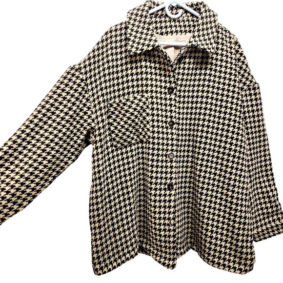 Houndstooth Button-Up Long Sleeve Coat Jacket 2XL Black & Beige - Picture 10 of 12